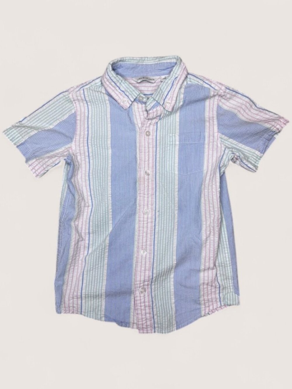 Boys Seersucker Button Down Shirt Size 6 Pastel Stripe Short Sleeve - Picture 1 of 3